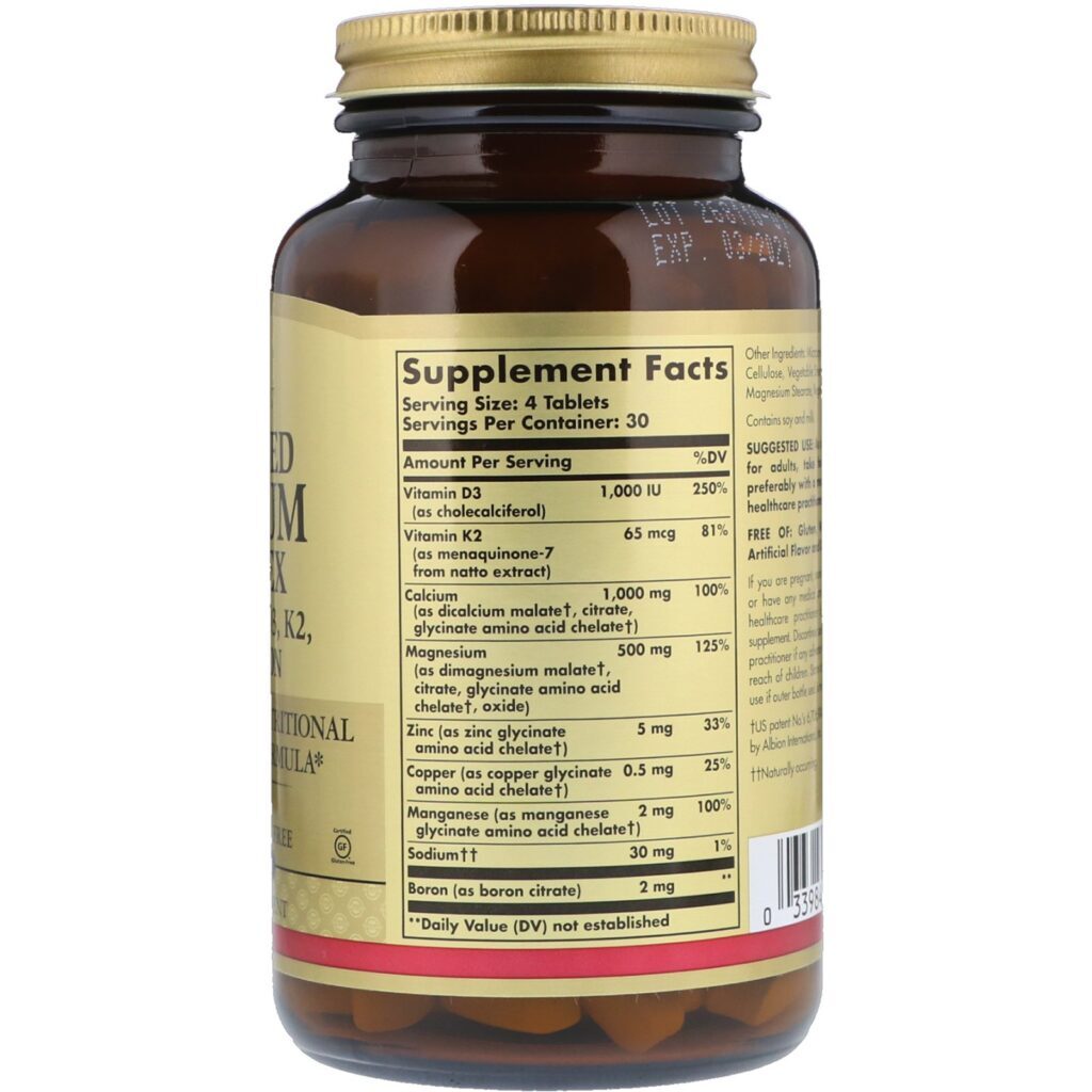 Solgar, Advanced Calcium Complex + Vitaminas D3, K2, Zinco, Boro, 120 comprimidos - Imagem 2