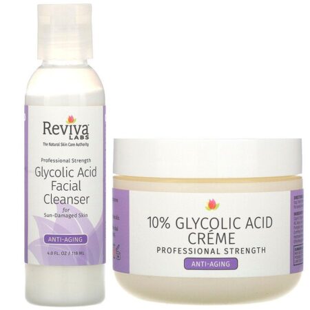 Reviva Labs, Creme com Ácido Glicólico a 10% e Limpador Facial com Ácido Glicólico, Conjunto com 2 Peças