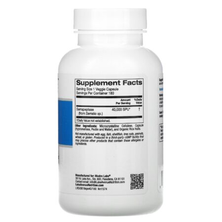 Lake Avenue Nutrition, Serrapeptase, Enzima Proteolítica, 40.000 SPUs, 180 Cápsulas Vegetais - Image 2