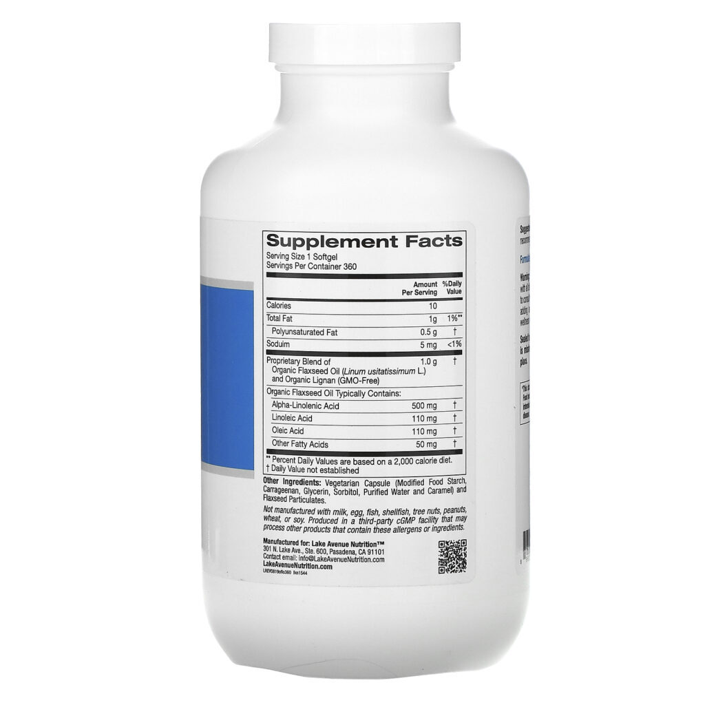 Lake Avenue Nutrition, Lignana e Óleo de Linhaça Extraído a Frio Orgânicos, Sem Hexano, 360 Cápsulas Softgel Vegetais - Imagem 2