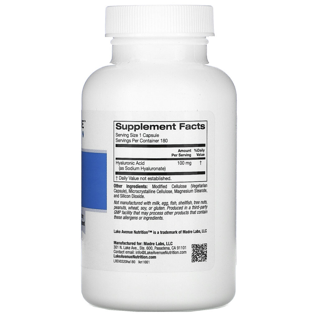 Lake Avenue Nutrition, Ácido Hialurônico, 100 mg, 180 Cápsulas Vegetais - Imagem 2