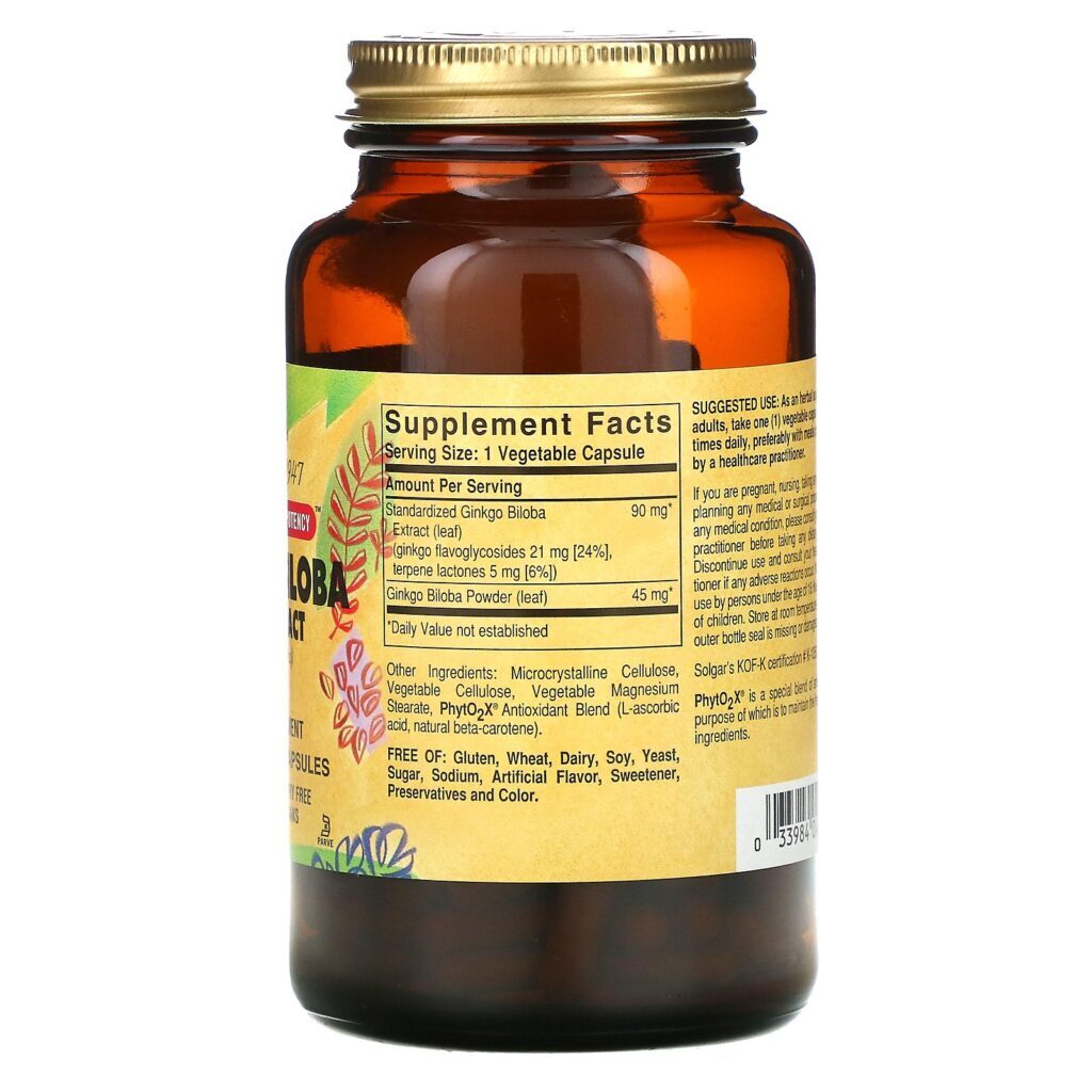 Solgar, Extrato de Folha de Ginkgo Biloba, 180 Cápsulas Vegetais - Imagem 2