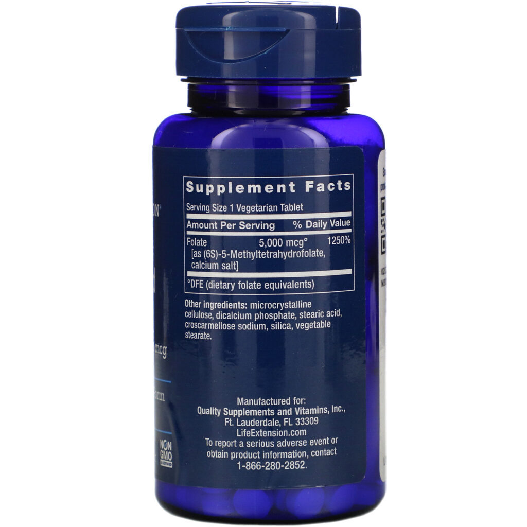 Life Extension, Folato Otimizado de Alta Potência, 5.000 mcg, 30 Comprimidos Vegetais - Imagem 2