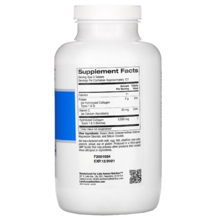 Lake Avenue Nutrition, Colágeno Hidrolisado Tipos 1 e 3, 1.000 mg, 365 Comprimidos - Image 2