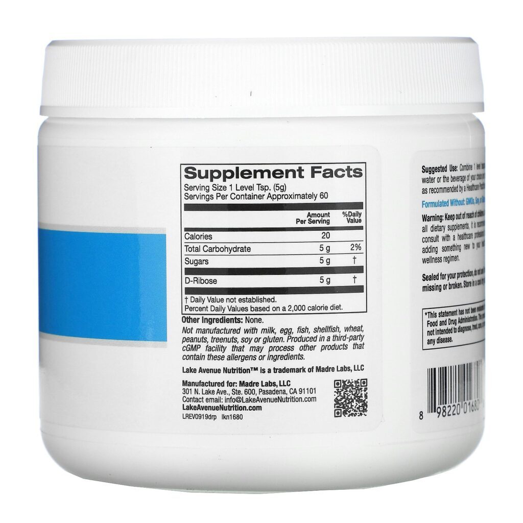 Lake Avenue Nutrition, D-Ribose em Pó, Sem Sabor, 300 g (10,6 oz) - Imagem 2