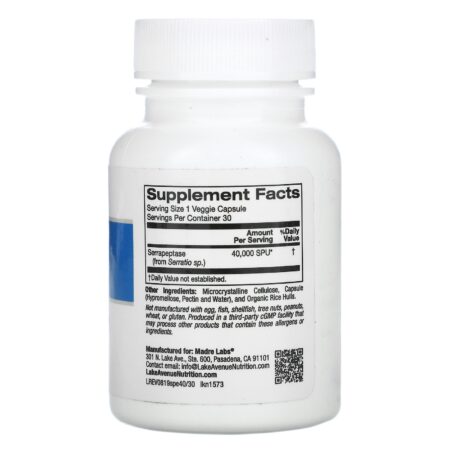 Lake Avenue Nutrition, Serrapeptase, Enzima Proteolítica, 40.000 SPUs, 30 Cápsulas Vegetais - Image 2