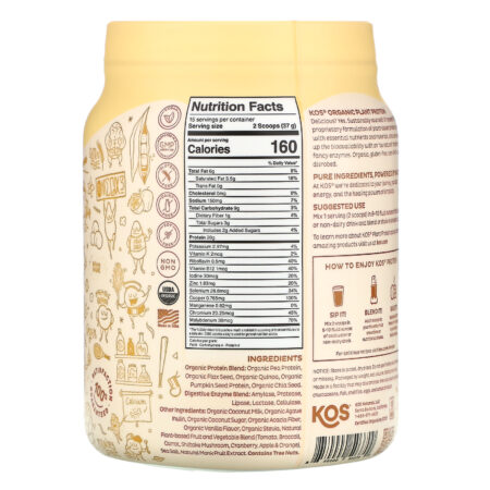 KOS, Organic Plant Protein, Vanilla, 1.2 lb (555 g) - Image 2