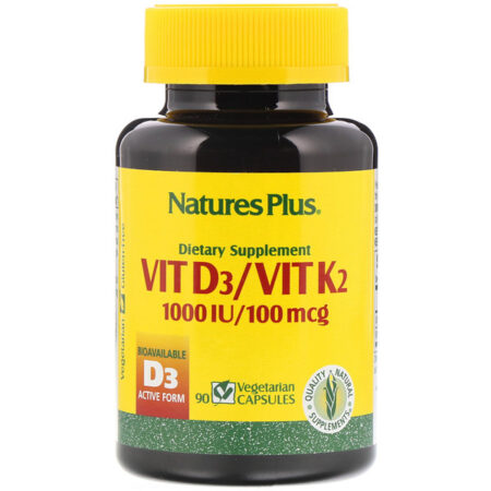 Nature's Plus, Vit D3/Vit K2, 1000 UI/100 mcg, 90 Cápsulas Vegetais