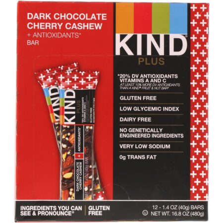 KIND Bars, Kind Plus, Chocolate Amargo Cereja e Caju + Antioxidantes, 12 Barras, 1,4 oz (40 g) Cada - Image 2