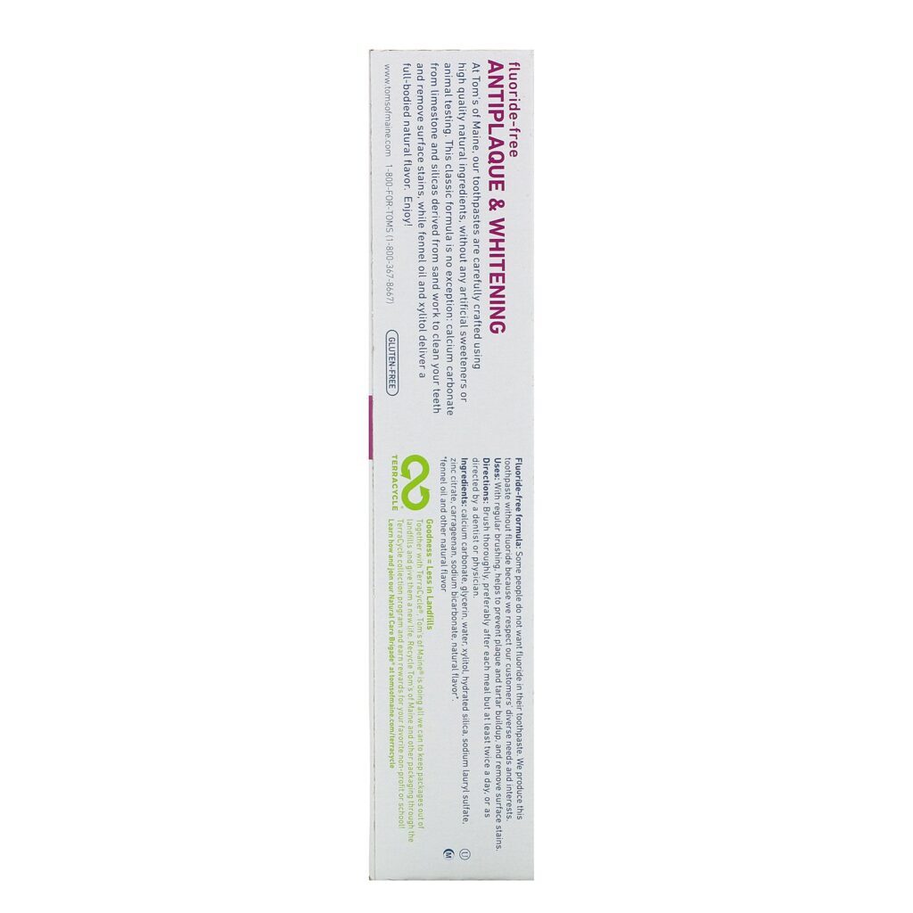 Tom's of Maine, Creme Dental Antiplaca Natural & Branqueador, Sem Flúor, Erva Doce, 5,5 onças (155,9 g) - Imagem 3