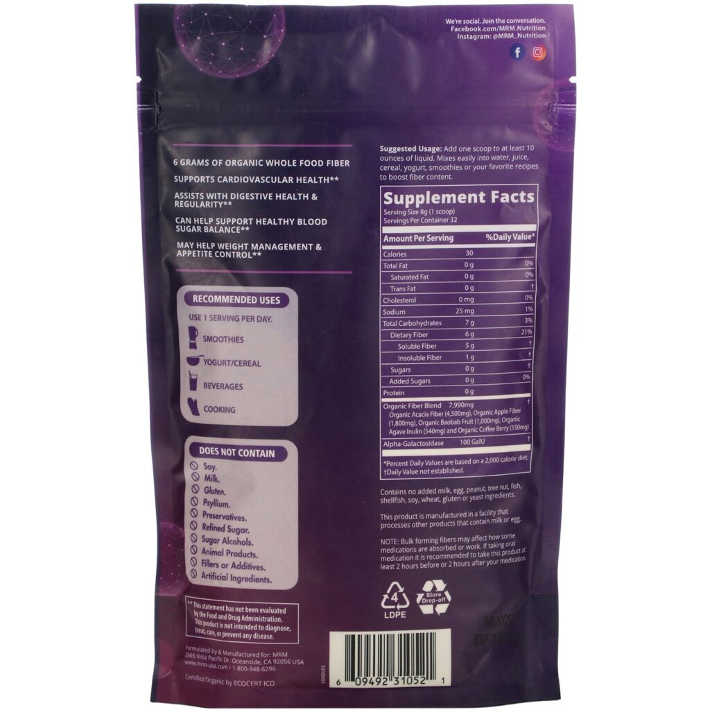 MRM, Whole Food, Organic Fiber with Enzymes and Prebiotics, 9.3 oz (256 g) - Imagem 2