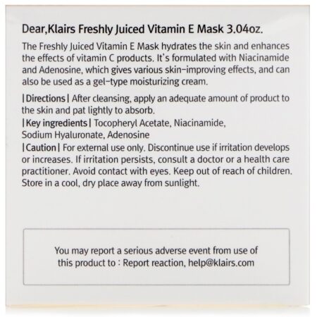 Dear, Klairs, Máscara de Vitamina E Freshly Juiced, 90 ml (3,4 oz) - Image 3