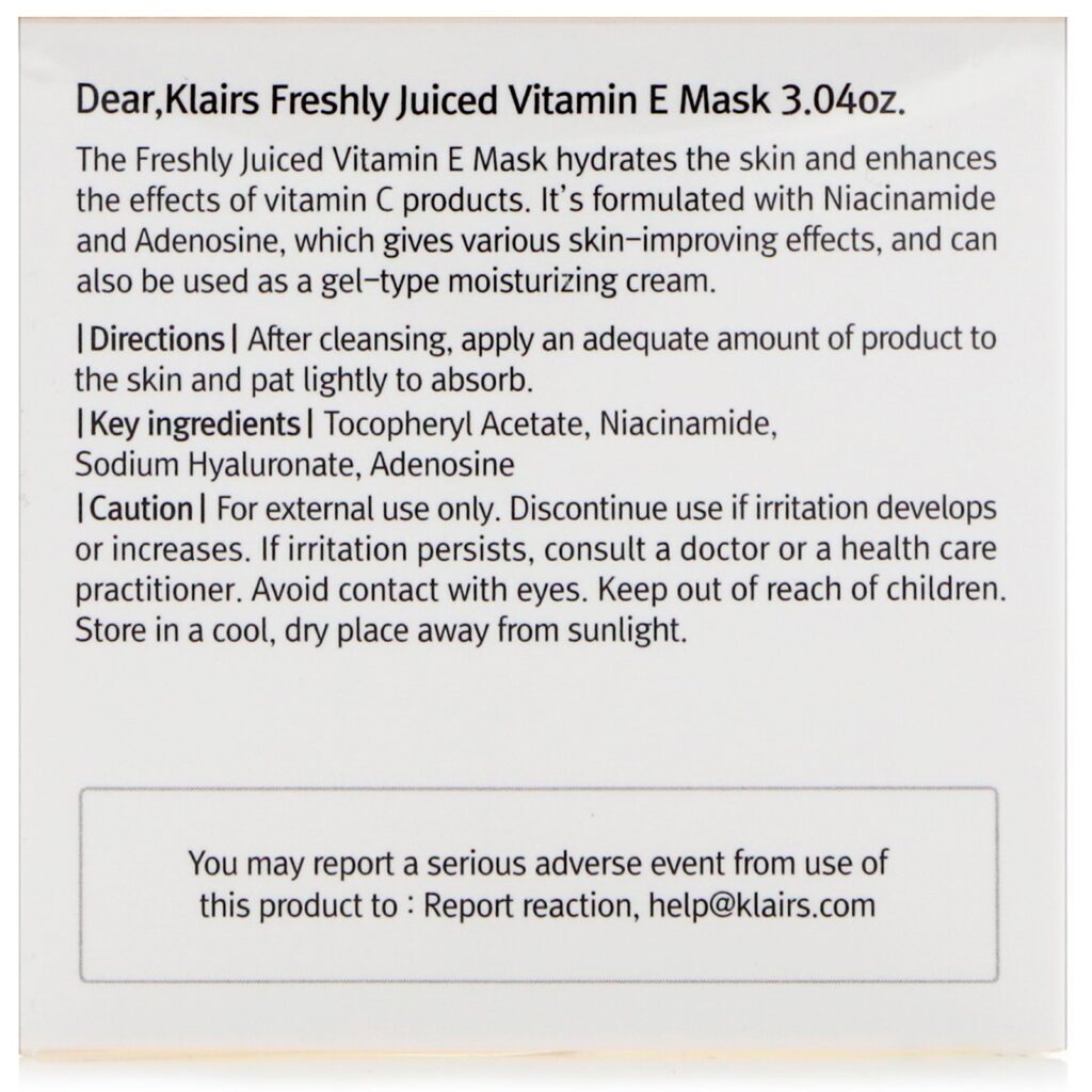 Dear, Klairs, Máscara de Vitamina E Freshly Juiced, 90 ml (3,4 oz) - Imagem 3