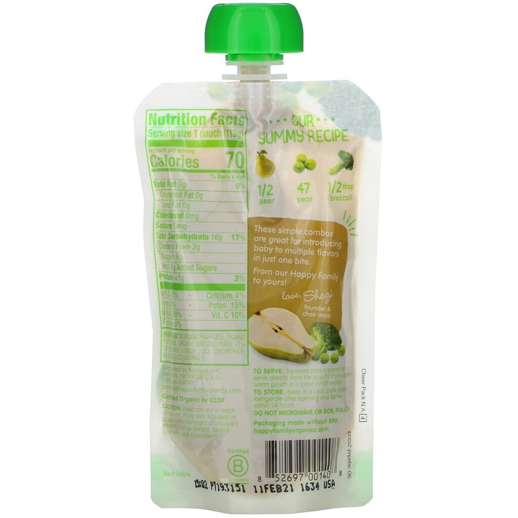 Happy Family Organics, Organics Happy Baby, Stage 2, 6+ Months, Organic Pears, Peas & Broccoli, 4 oz (113 g) - Imagem 2