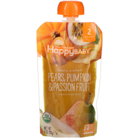 Happy Family Organics, Alimento Orgânico para Bebê, Idade de 2, 6+ Meses, Pera, Abobora e Maracujá, 113 g