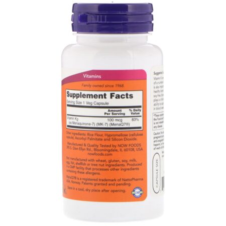 Now Foods, Vitamina K-2 MK-7, 100 mcg, 120 Cápsulas Vegetais - Image 2