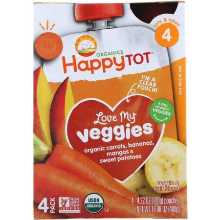 Happy Family Organics, Orgânico, Amor Vegetal, Cenoura, Banana, Manga E Batata Doce, 4 sachês, 120g cada