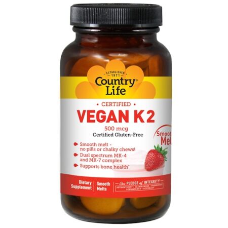 Country Life, Vegan K2, Morango, 500 mcg, 60 Comprimidos Solúveis