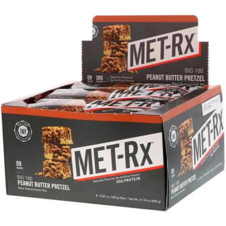 MET-Rx, Grande 100 Colossal, Barra de Reposição de Alimentação, Pretzel de Manteiga de Amendoim, 9 Barras, 100 g Cada