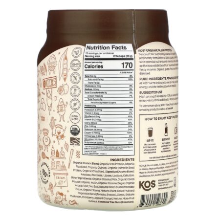 KOS, Organic Plant Protein, Chocolate, 1.3 lb (585 g) - Image 2