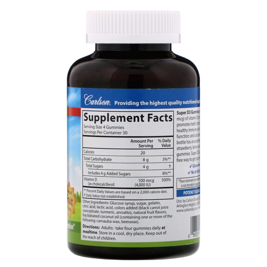 Carlson Labs, Super D3 Gummies, Natural Fruit Flavors, 100 mcg (4,000 IU), 120 Gummies - Imagem 2