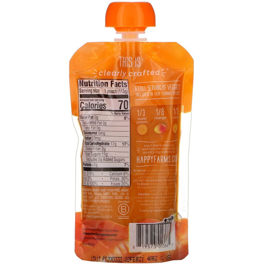 Happy Family Organics, Organic Baby Food, Stage 2, Clearly Crafted, 6+ Months, Sweet Potatoes, Mangos & Carrots, 4 oz (113 g) - Imagem 2