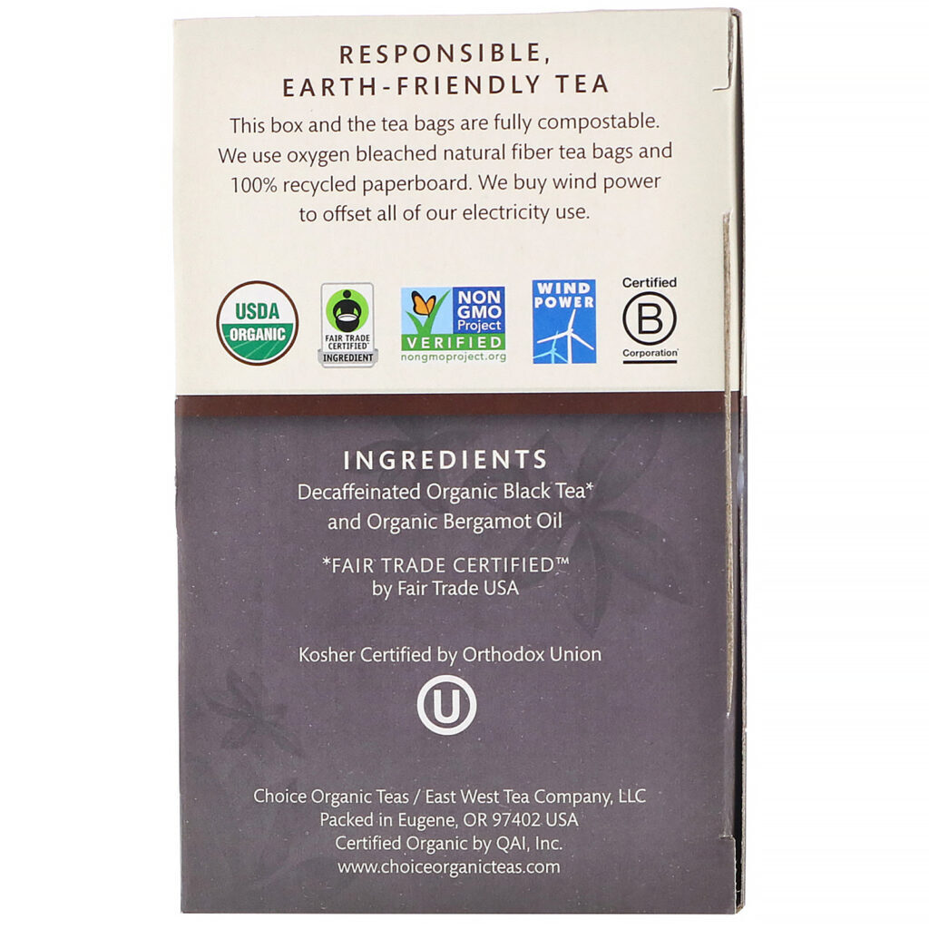 Choice Organic Teas, Black Tea, Organic Decaffeinated Earl Grey, Decaf, 16 Tea Bags, 1.12 oz (32 g) - Imagem 2