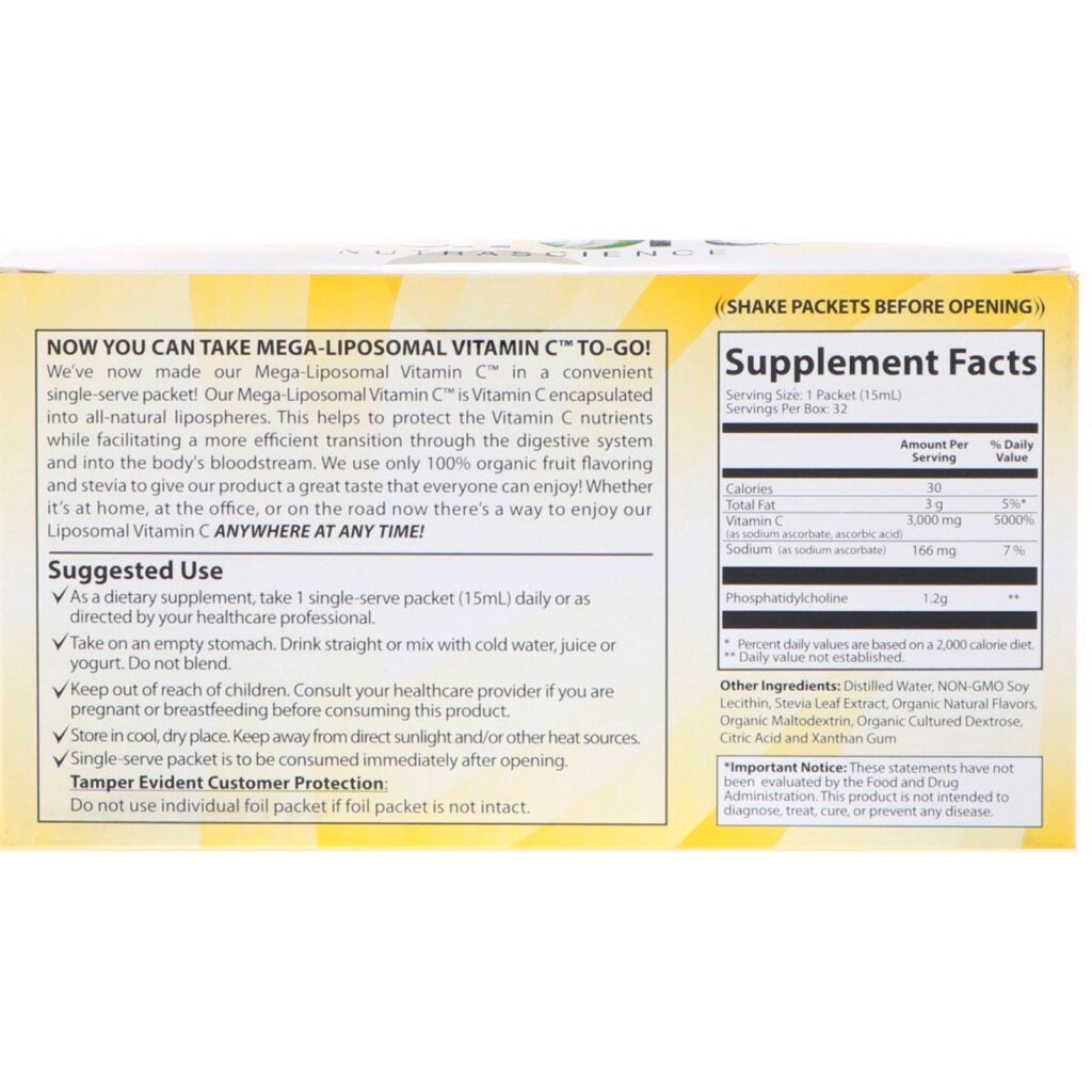 Aurora Nutrascience, Mega-Liposomal Vitamin C, 3,000 mg, 32 Single-Serve Liquid Packets, 0.5 fl oz (15 ml) Each - Imagem 2