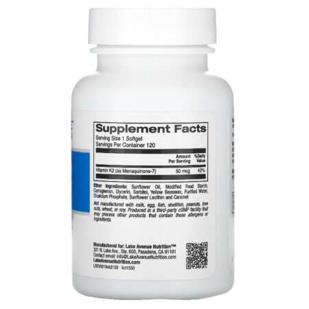 Lake Avenue Nutrition, Vitamina K2 (como Menaquinona-7), 50 mcg, 120 Cápsulas Softgel Vegetais - Image 2