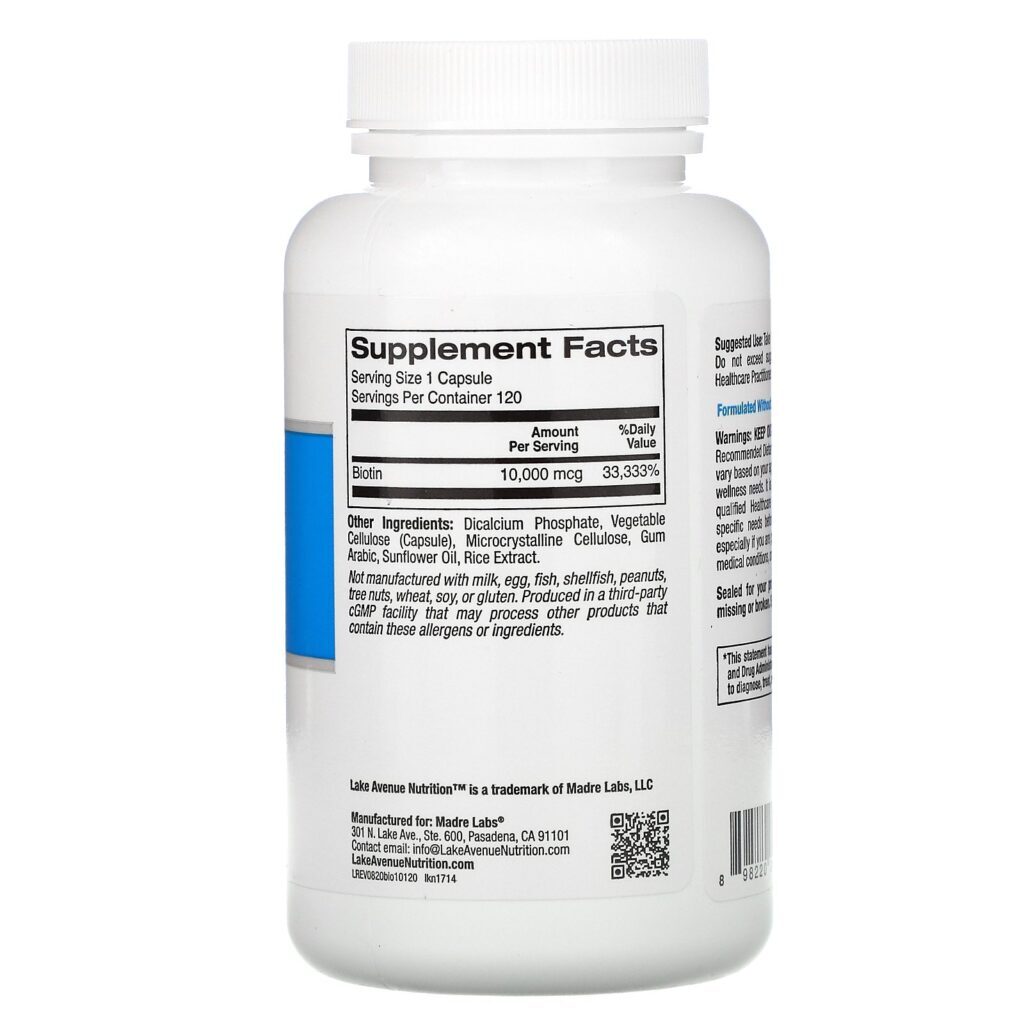Lake Avenue Nutrition, Biotina, 10.000 mcg, 120 Cápsulas Vegetais - Imagem 2