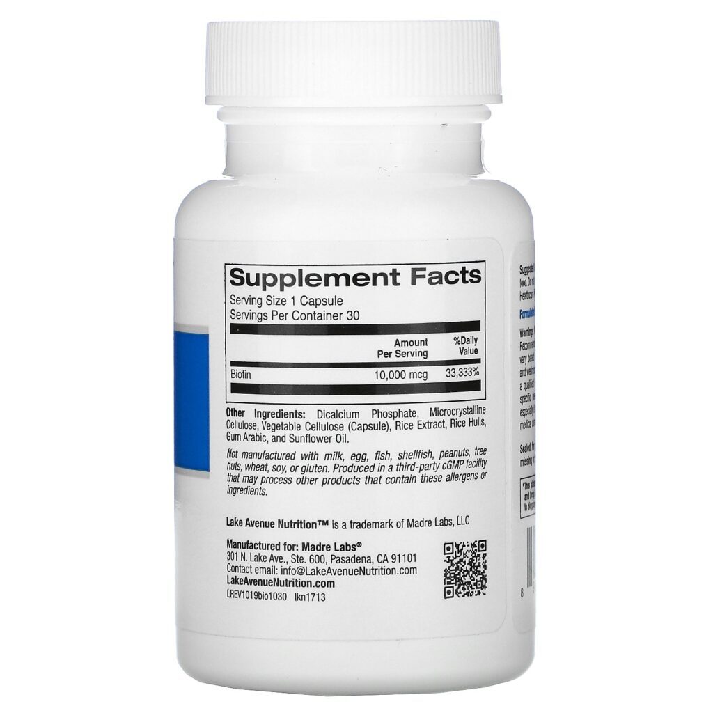 Lake Avenue Nutrition, Biotina, 10.000 mcg, 30 Cápsulas Vegetais - Imagem 2