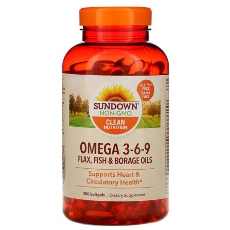 Sundown Naturals, Ômega 3-6-9 Óleo de Linhaça, Peixe e Óleos de Borragem, 200 Cápsulas Softgel