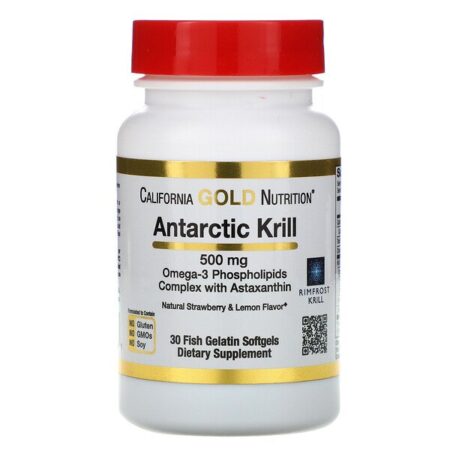 California Gold Nutrition, Óleo de Krill Antártico, com Astaxantina, RIMFROST, Aroma Natural de Morango e Limão, 500 mg, 30 Cápsulas Softgel de Gelatina de Peixe