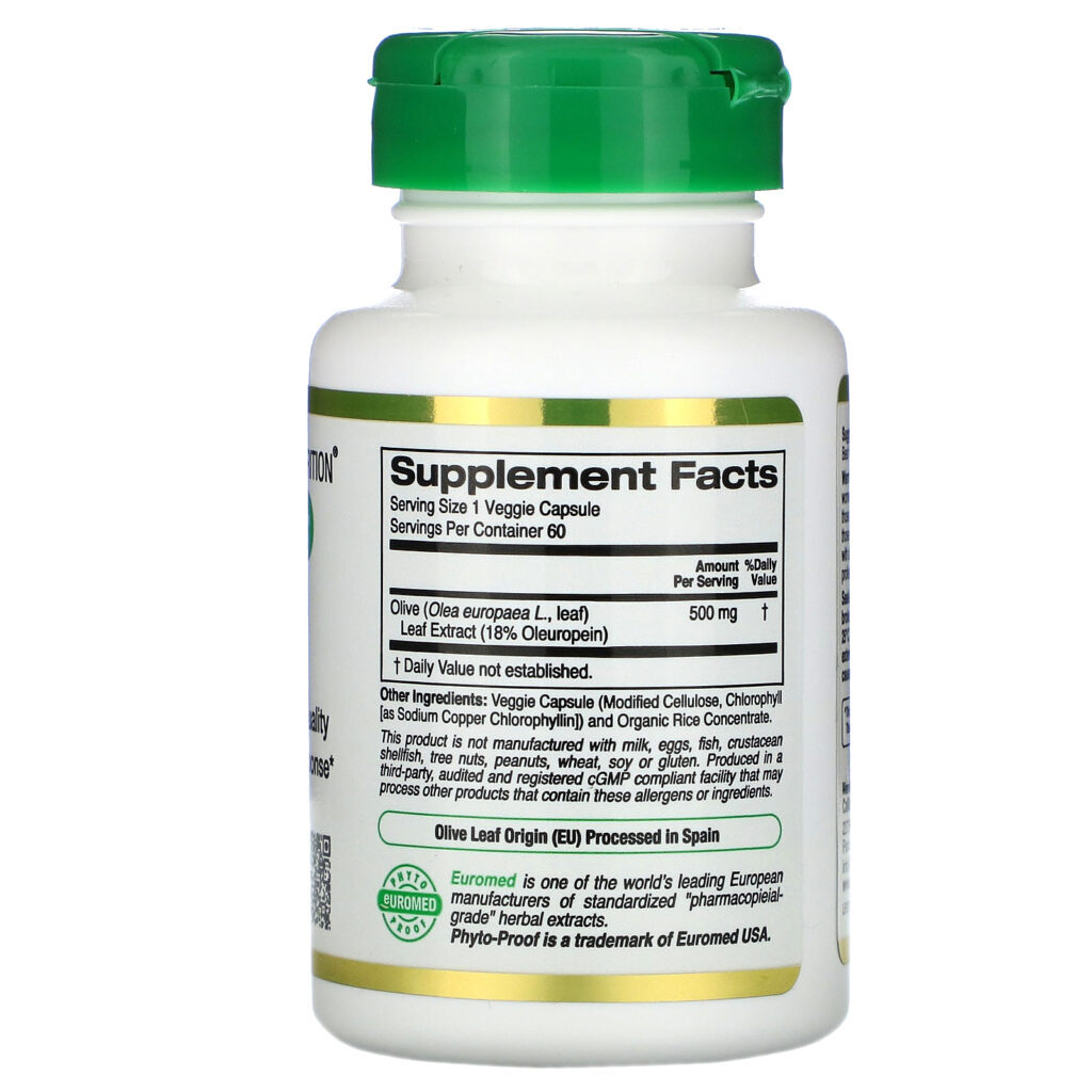 California Gold Nutrition, Extrato da Folha de Oliveira, EuroHerbs, Qualidade Europeia, 500 mg, 60 Cápsulas Vegetais - Imagem 2