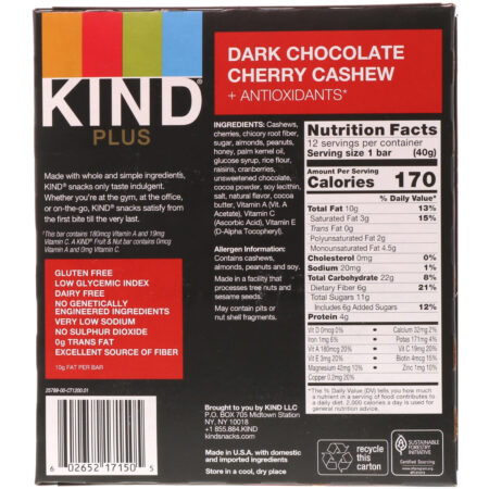 KIND Bars, Kind Plus, Chocolate Amargo Cereja e Caju + Antioxidantes, 12 Barras, 1,4 oz (40 g) Cada - Image 3