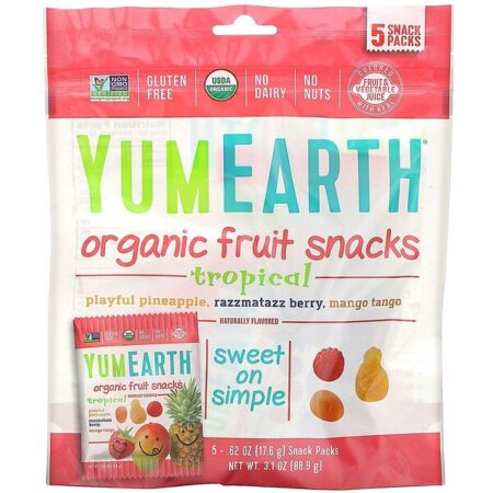 YumEarth, Petiscos de Frutas Orgânicas Tropicais, 5 Embalagens, 0,62 oz (17,6 g) Cada