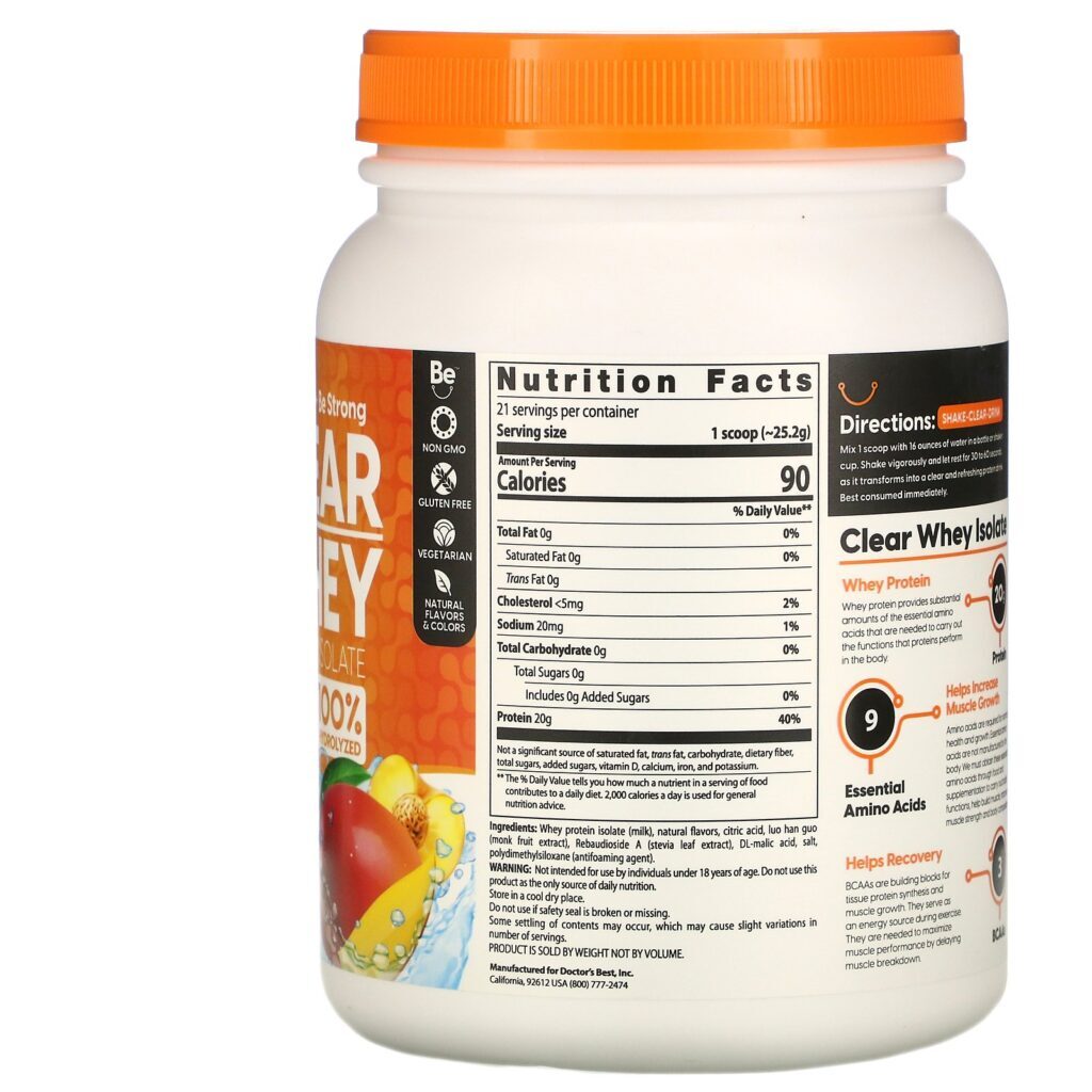Doctor's Best, Clear Whey Protein Isolate, Peach Mango, 1.2 lbs (546 g) - Imagem 2