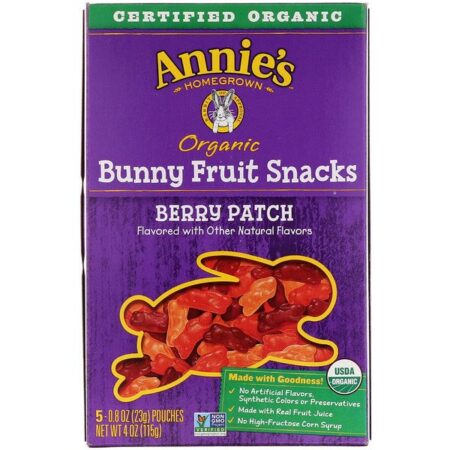 Annie's Homegrown, Biscoitos de fruta de coelho, Berry Patch, 5 pacotes, 0,8 oz (23 g) cada