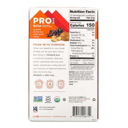 ProBar, Bite, Organic Snack Bar, Peanut Butter Chocolate Chip , 12 Bars, 1.3 oz (37 g) Each - Image 3