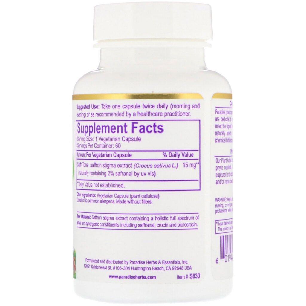 Paradise Herbs, Saffr-Tone, 60 Vegetarian Capsules - Imagem 2