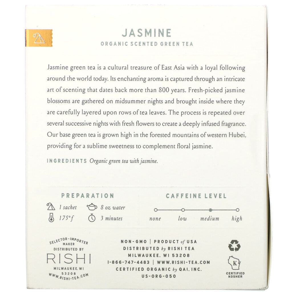 Rishi Tea, Organic Scented Green Tea, Jasmine, 15 Sachets, 1.48 oz (42 g) - Imagem 2