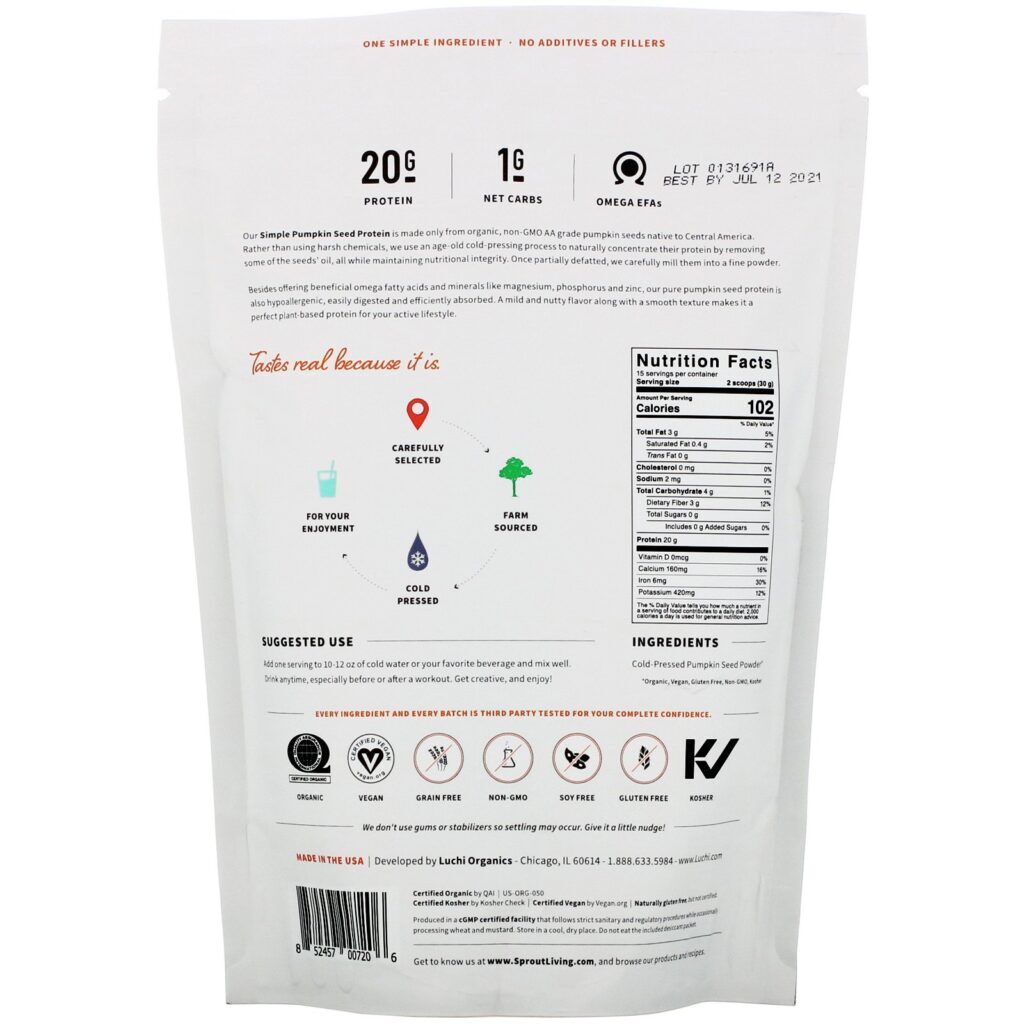 Sprout Living, Simple Protein, Proteína Vegetal Orgânica, Semente de Abóbora (Sem Sabor), 454 g (1 lb) - Imagem 2