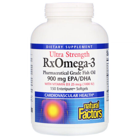 Natural Factors, Ultra Strength, RxOmega-3, com Vitamina D3, 900 mg de EPA/DHA, 150 Cápsulas Softgel Enteripure