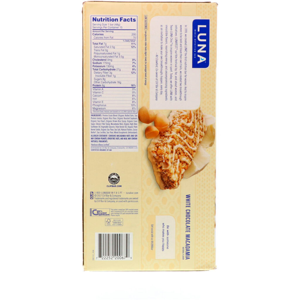 Clif Bar, Luna, Barra Nutritiva Integral para Mulheres, Chocolate Branco com Macadâmia, 15 Barras, 1,69 oz (48 g) Cada - Imagem 3