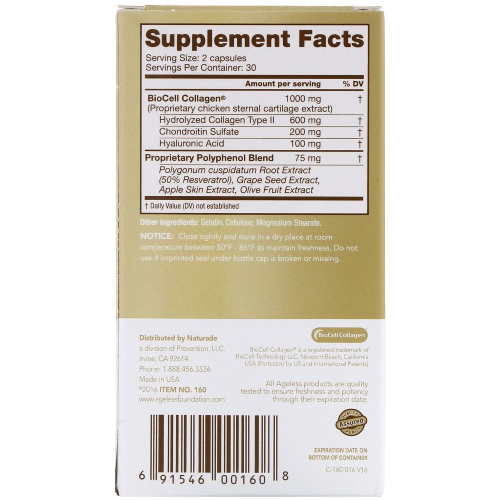 Ageless Foundation Laboratories, UltraDerm Gold, Natural Collagen Booster with Patented BioCell Collagen, 60 Capsules - Imagem 2