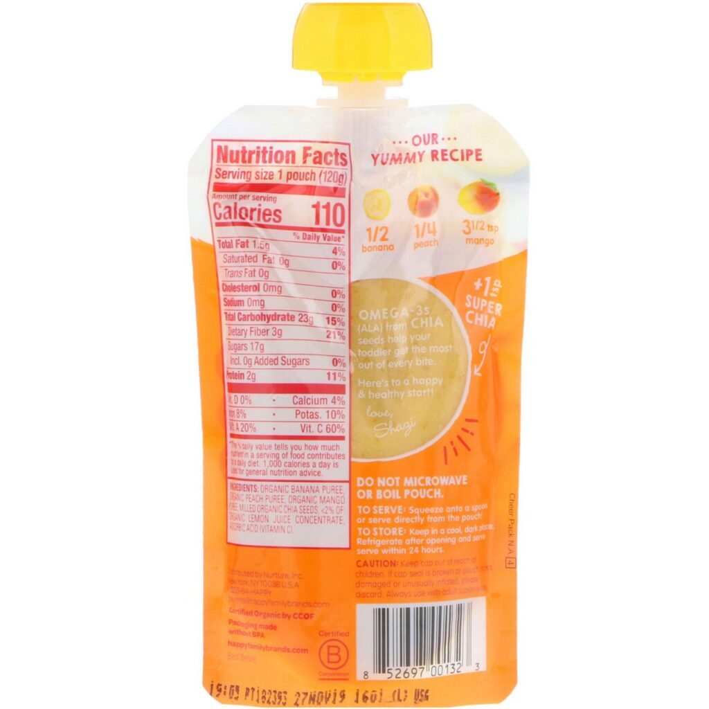Happy Family Organics, HappyTot, Organic SuperFoods, Bananas, Peaches & Mangos + Super Chia, 4.22 oz (120 g) - Imagem 2