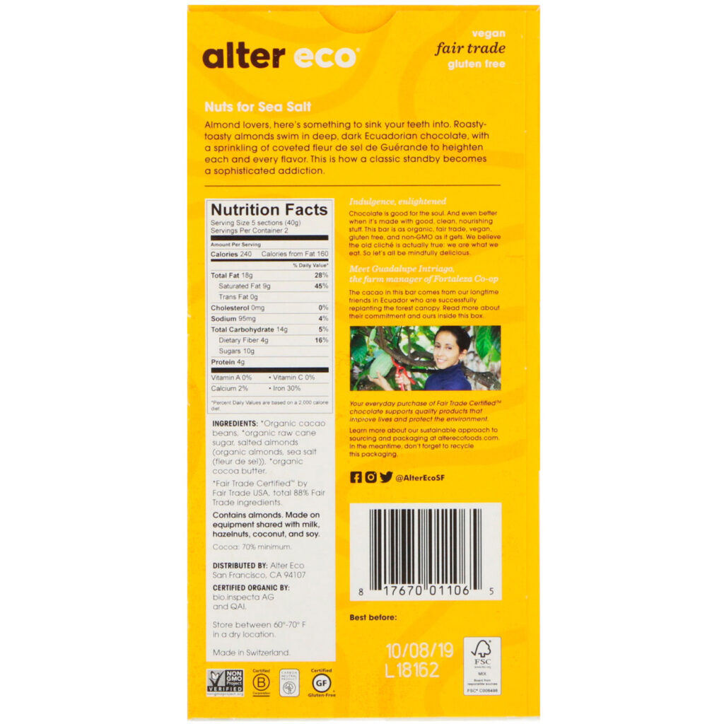 Alter Eco, Organic Chocolate Bar, Deep Dark Salted Almonds, 70% Cocoa, 2.82 oz (80g) - Imagem 2