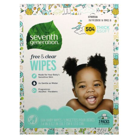 Seventh Generation, Baby Wipes, Free & Clear, 504 Wipes - Image 2