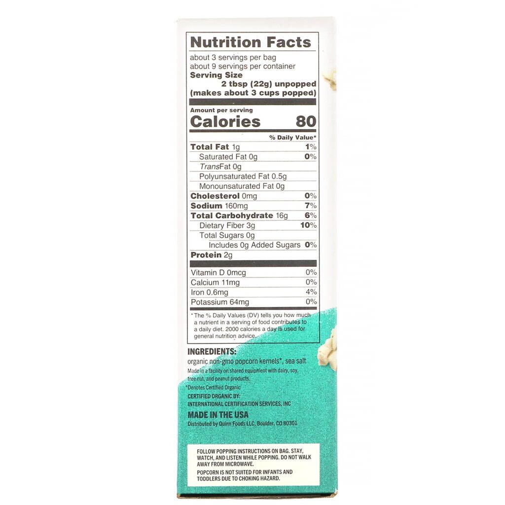 Quinn Popcorn, Pipoca de Micro-ondas, Apenas Sal Marinho, 3 Sacos, 66 g (2,3 oz) Cada - Imagem 2