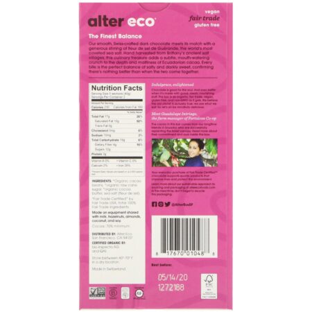 Alter Eco, Organic Chocolate Bar, Deep Dark Sea Salt, 70% Cocoa, 2.82 oz (80 g) - Image 2